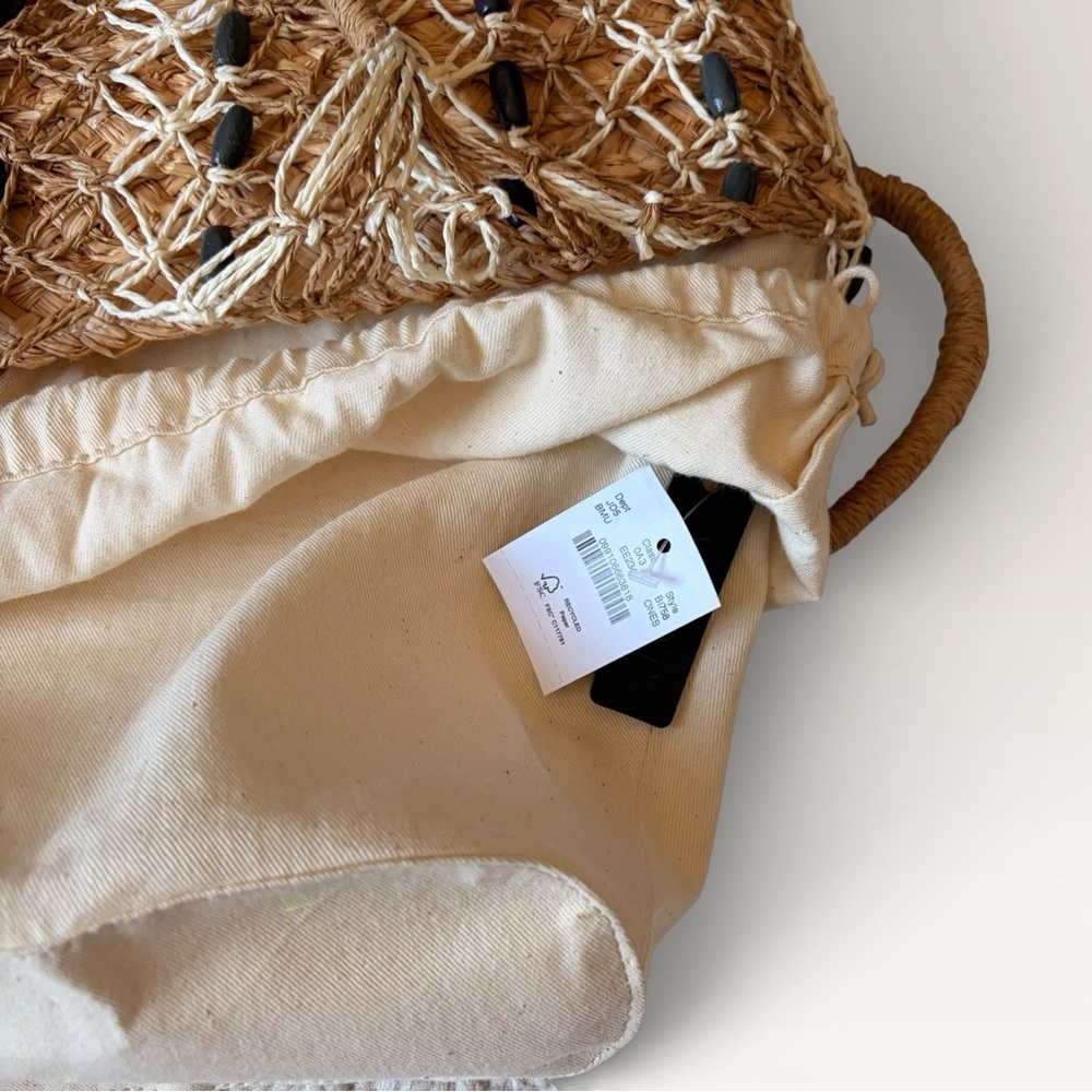 J. Crew Sedona Beaded Basket Bag Tan and White Woven Tote Straw New - Picture 8 of 10